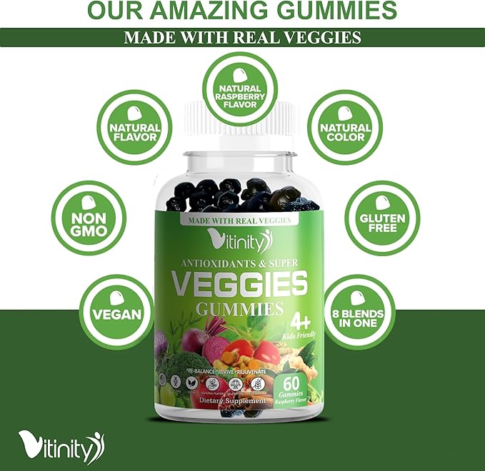 VITINITY Super Greens Multivitamin Gummies | Made with 30 Real Superfood Veggies, Herbs, Fruit for Adults & Kids to Boost Immunity, Skin & Gut Health | Non-GMO, Gluten-Free & Sugar-Free 60-Day Supply