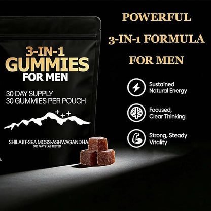 Zenith 3 in 1 Gummies for Men，Shilajit Gold Gummies with Sea Moss, Ashwagandha, Organic Manuka Honey, Burdock Root, Palm Moss Extract，Energy Support