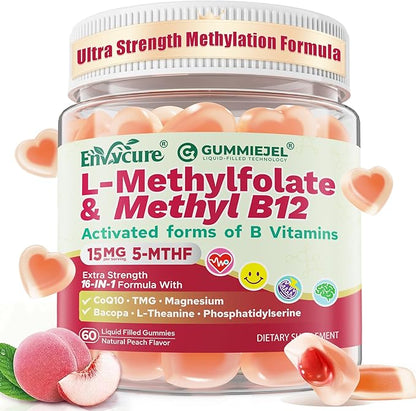 L-Methylfolate 15mg & 2,000 mcg Methyl B12 Gummies, Extra Strength Methylation Support for Women and Men, Active 5-MTHF with CoQ10, Magnesium, TMG, L-Theanine, B1 B2 B6 B9 for Cognitive, Energy,60Cts