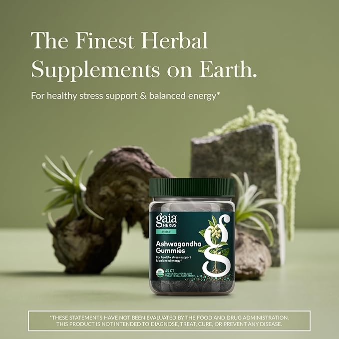 Gaia Herbs Organic Ashwagandha Gummies - Stress Support* - Made with Cinnamon & Ginger - Gluten Free & Vegan - 45 Count (15 Servings)