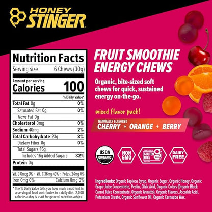Honey Stinger Organic Fruit Smoothie Energy Chew, Gluten Free & Caffeine Free, for Exercise, Running and Performance, Sports Nutrition for Home & Gym, Pre and Mid Workout, 21.6 Ounces (Pack of 12)