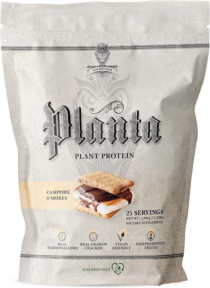 Ambrosia Planta - Plant-Based Protein Powder 20g | Dairy Free Vegan Protein Powder with BCAA Amino Acids | Keto-Friendly, No Added Sugar | 25 Servings | Campfire Smores