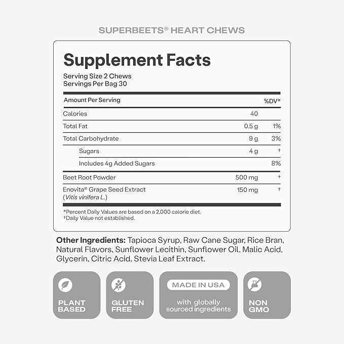 Humann SuperBeets Heart Chews, Beet Root Powder Support Energy Supplement, Nitric Oxide and Blood Pressure Support, Grape Seed Extract & Non-GMO, Heart Health, Pomegranate Berry Flavor, 180 Count