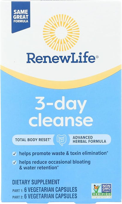 Renew Life 3-Day Cleanse Total Body Reset 2-Part Detox Cleanse Capsules, Digestive Wellness and Regularity, Herbal Blend with Magnesium and Cranberry, Soy, Dairy and gluten-free 12 Count
