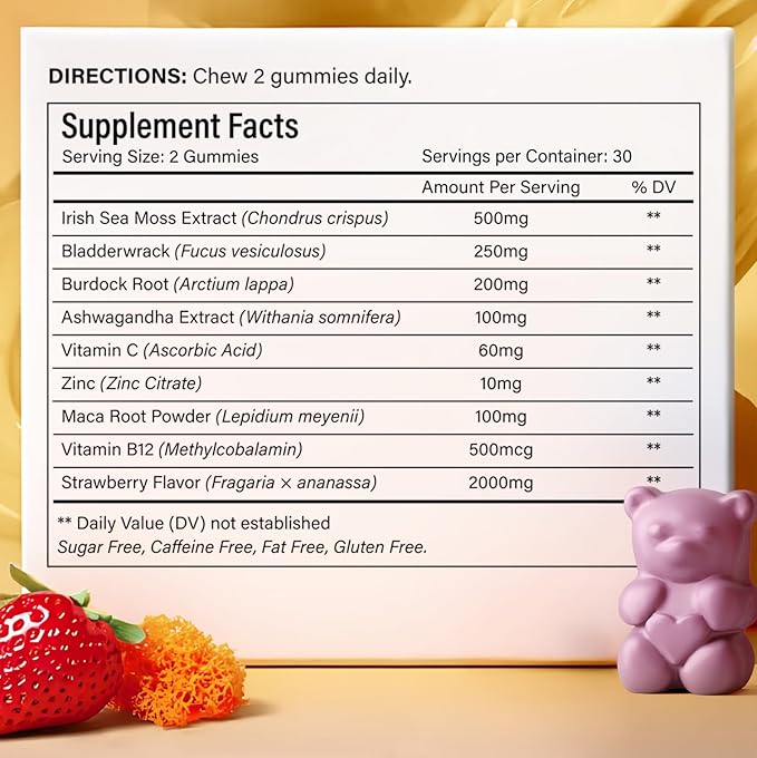 60 Sea Moss Gummies | 9-in-1 Formulation with Irish Sea Moss, Ashwagandha, Burdock, Elderberry, Bladderwrack, Maca, Zinc, B12 | Energy & Immune Support | Strawberry Flavor Vegan Gummies