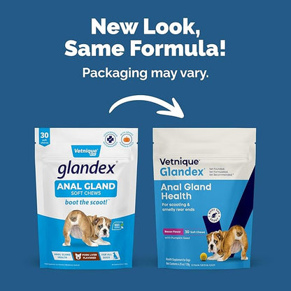 Vetnique Glandex Anal Gland Soft Chew Treats with Pumpkin for Dogs Digestive Enzymes, Probiotics Fiber Supplement for Dogs Boot The Scoot (Bacon Flavor Chews, 30 Count)