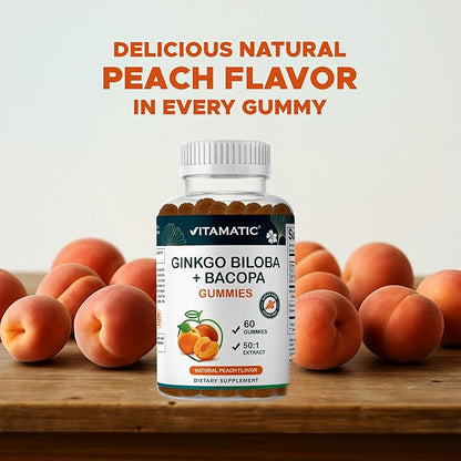 Vitamatic Ginkgo Biloba & Bacopa Gummies – Plant-Based Botanical Extract – Natural Peach Flavor – Vegan, Non-GMO, Gluten-Free – Herbal Supplement – 60 Count - 2 Pack (120 Count)