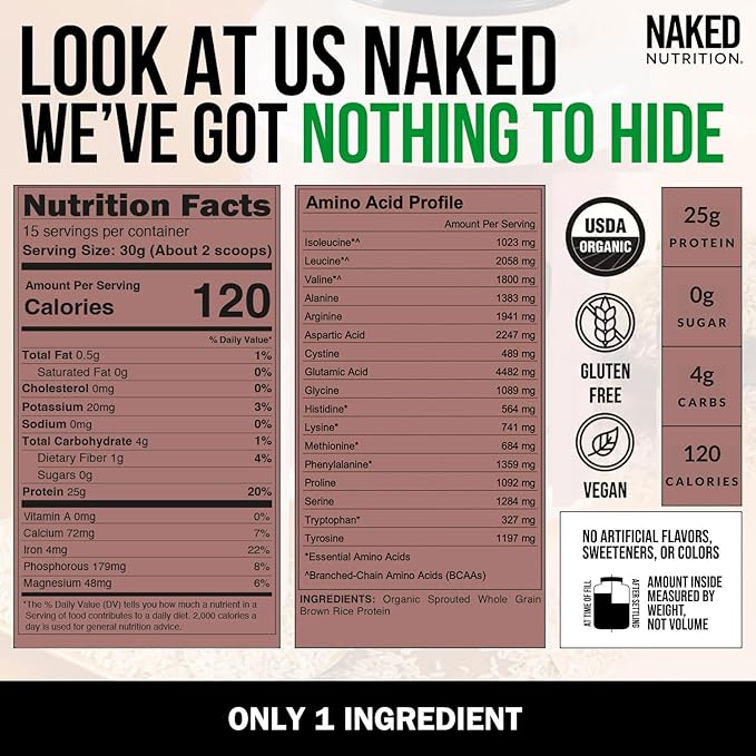 NAKED Rice 1Lb - Organic Brown Rice Protein Powder - Vegan Protein Powder, GMO Free, Gluten Free & Soy Free. Plant-Based Protein, No Artificial Ingredients - 15 Servings (Pack of 2)
