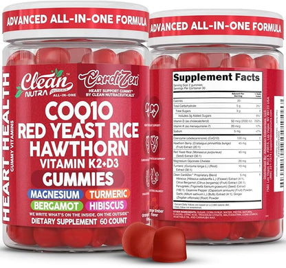 Clean Nutra CoQ10 Gummies Red Yeast Rice Hawthorn K2 Vitamin Supplement Magnesium Glycinate Turmeric Citrus Bergamot Hibiscus VIT D K Fenugreek Garlic Supplements Heart Support Gummy 60ct
