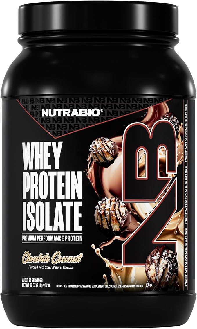 NutraBio 100% Whey Protein Isolate Protein Powder, 25g Protein with Complete Amino Acid Profile, Non-GMO, Soy & Gluten Free, Low Carb, Low Calorie Whey Protein Powder, Chocolate Coconut, 2 Lbs