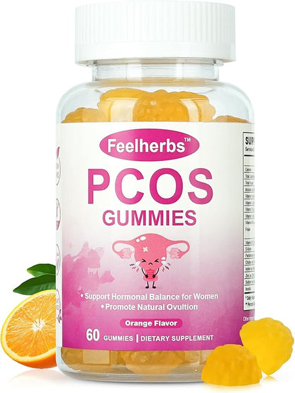 PCOS Gummies for Women Menstrual Cycle & Hormonal Balance, 60 Count Ovarian Support Gummies with Myo-Inositol, Folate and Vitamins, Orange Flavor PCOS Vitamins Gummies Helps Fertility and Ovulation