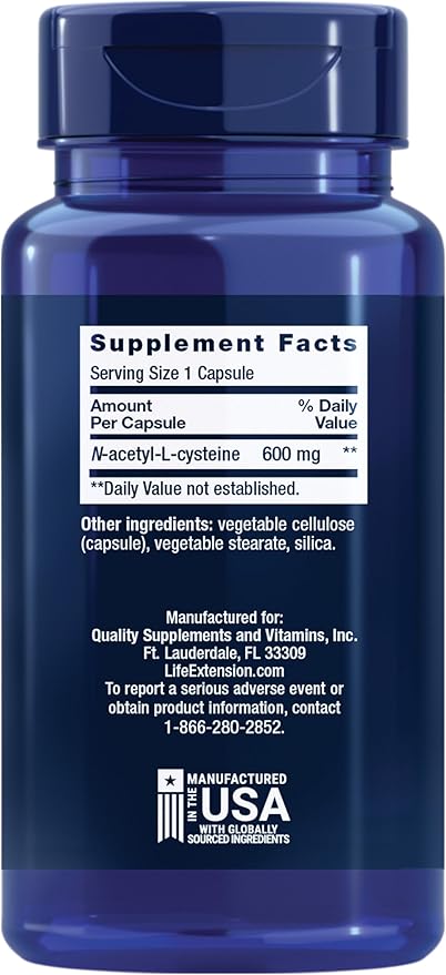 Life Extension N-Acetyl-L-Cysteine (NAC), Immune, Respiratory, Liver Health, NAC 600 mg, Potent antioxidant Support, Free-radicals, Easy to Absorb, 60 Capsules