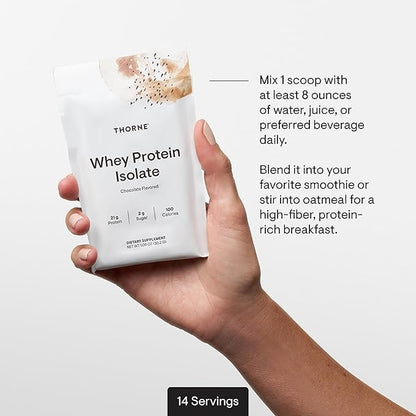THORNE - Whey Protein Isolate - Balanced Amino Acids Profile with BCAAs - 21 Grams of Easy to Digest Whey Protein Powder - NSF Certified for Sport - Chocolate - Gluten & Soy-Free - 14 Packets