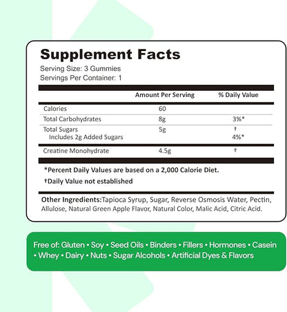 Create Creatine Monohydrate Gummies for Men & Women, Boost Focus, Strength, and Endurance, Anti-Melting Formula, Vegan, Gluten-Free, Non-GMO, 1.5g of Creatine per Gummy (Sour Green Apple)