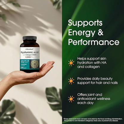 NatureBell Hyaluronic Acid 2,000mg with Collagen & MSM - 240 Capsules - Skin Hydration, Hair, Nail & Joint Support - Water Soluble Formula for Easy Absorption* - Non-GMO & Gluten-Free