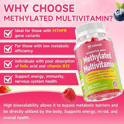 Methylated Vitamin B Complex Gummies for Women & Men, Multivitanins Gummy with Vitamin A, C ,E, Methylfolate & B12, TMG, Calcium, D3 K2, Magnesium & More for Overall Health-Vegan, Sugar Free,120 Cts