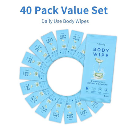 40 Pcs Body Wipes Individually Wrapped (9.29" x 8"), Large Shower Wipes for Adults Bathing No Rinse, Portable Personal Cleansing for Gym, Camping, Hiking, Backpacking,Bulk Homeless Supplies