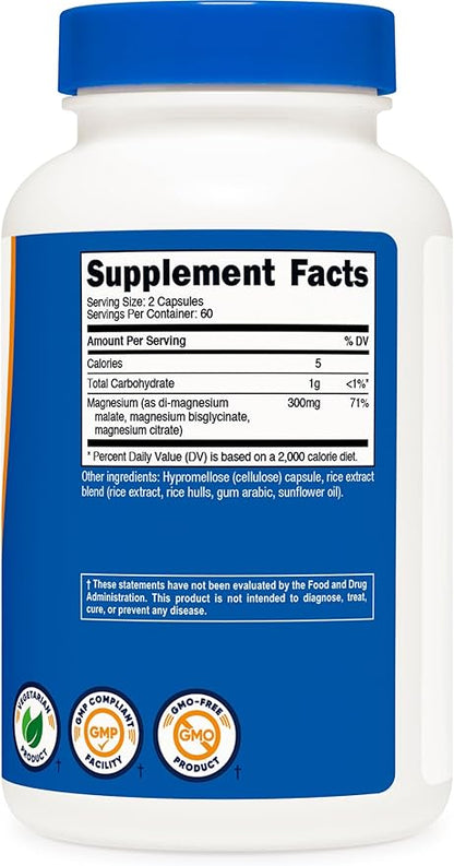 Nutricost Triple Magnesium Complex (300mg, 120 Capsules) - from Di-Magnesium Malate, Bisglycinate and Citrate, 60 Servings