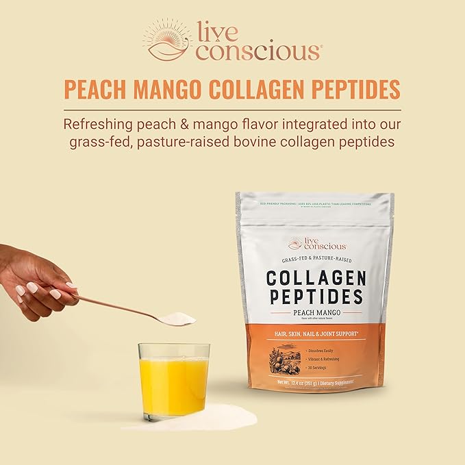 Live Conscious Collagen Peptides Powder - Peach Mango Flavored Collagen Powder - Hair, Skin, Nail, & Joint Support - Type I & III Grass-Fed Collagen Supplements for Women and Men - 30 Servings - 13oz
