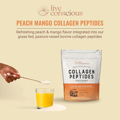 Live Conscious Collagen Peptides Powder - Peach Mango Flavored Collagen Powder - Hair, Skin, Nail, & Joint Support - Type I & III Grass-Fed Collagen Supplements for Women and Men - 30 Servings - 13oz