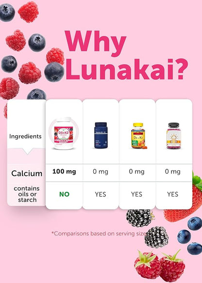 Lunakai USA Made Vitamin D3 K2 Gummies with Calcium – 3-in-1 Daily Vegan Supplement for Bone & Immune Support for Women, Men & Kids, 60ct
