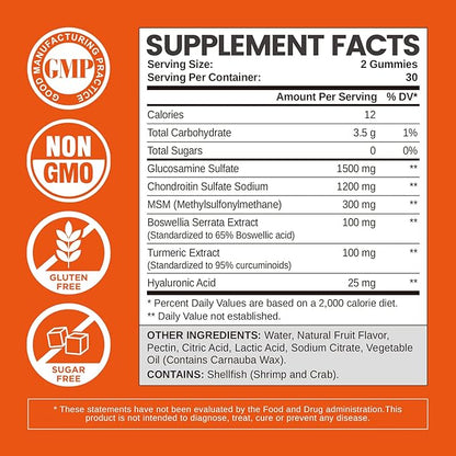 Glucosamine Chondroitin Gummies Sugar Free, Gummies Supplements for Adults Men & Women, 60 Count