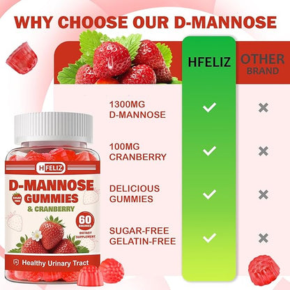 D Mannose with Cranberry Gummies, D-Mannose Supplements 1300mg for Women, Support Natural Urinary Tract & Bladder Health, Sugar-Free, 60 Count