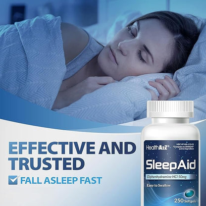 HealthA2Z Sleep Aid, Diphenhydramine Softgels, 50mg, Supports Deeper, Restful Sleeping (250 Counts)