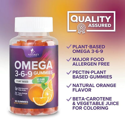 Omega 3 6 9 Gummies - Vegan Omega 3 Supplement Gummy - Essential Fatty Acids Oil 369 Complex Heart Support & Brain Support for Women, Men & Pregnancy, Fish Free Non-GMO, Orange Flavored - 60 Gummies