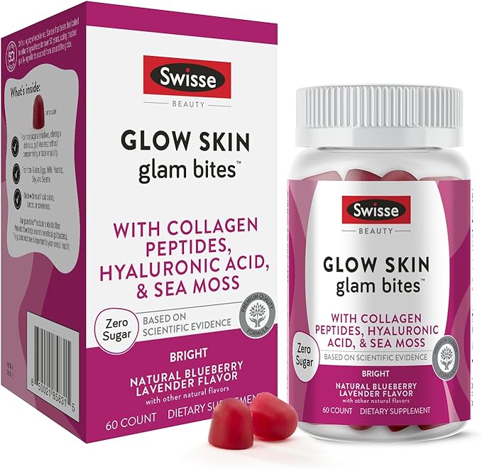 Swisse Glow Skin Glam Bites – Collagen Peptides, Hyaluronic Acid & Sea Moss – Supports Skin Elasticity & Hydration – Zero Sugar Gummies for Adults – Blueberry Lavender Flavor, 60 Count