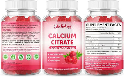 Calcium Citrate Gummies 1200mg Chewable Calcium Supplement for Women & Men, Supports Bone, Muscle & Immune Health, Sugar-Free, Non-GMO, Gluten-Free, Natural Raspberry Flavor, 120 Count