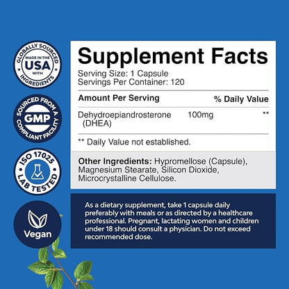 Natures Craft DHEA 100mg per Serving Capsules for Men and Women - Vegan High Strength DHEA Supplement for Women & Men for Energy and Hormone Balance - Womens Hormone Balance Supplement - 120 Count