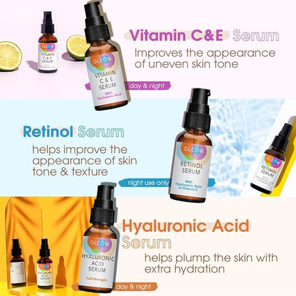 GLEOW Retinol Serum for Face, Vitamin C with Hyaluronic Acid Face Serum for Women and Men, Glow Total Package Skin Care Set, Targets Appearance of Uneven Skin Tone and Dryness 3x2 oz