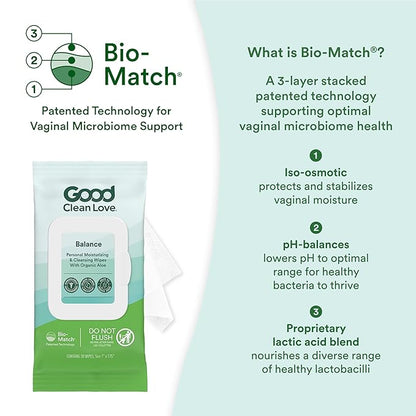 Good Clean Love Balance pH-Balanced Feminine Wipes, Supports Vaginal Health Naturally & Reduces Odor, Non-Irritating Moisturizing & Cleansing Hygiene Product Made with Organic Aloe, (30 Count)