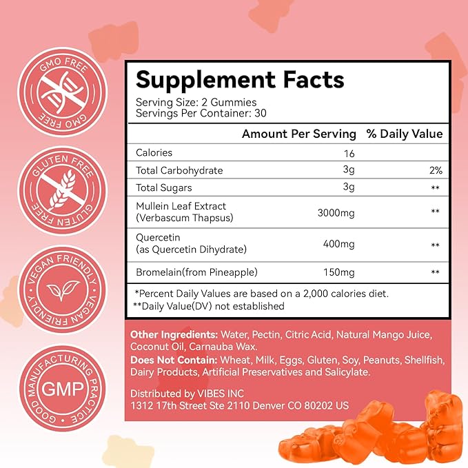 2PACK 3000MG Mullein Gummies, Extra Strength Mullein Leaf Extract with Quercetin, Bromelain for Lung Detox & Immune Support, Mango Flavor, 120 Count