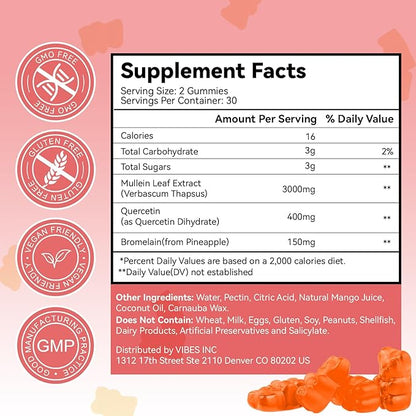 3000MG Mullein Gummies, Extra Strength Mullein Leaf Extract with Quercetin, Bromelain for Lung Detox & Immune Support, Mango Flavor, 60 Count