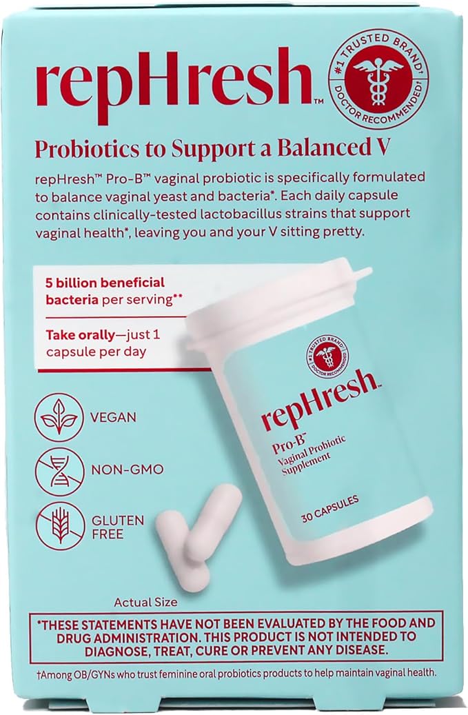RepHresh Pro-B Vaginal Probiotic Supplement, Balances Yeast and Bacteria, Supports pH Balance, 30 Capsules