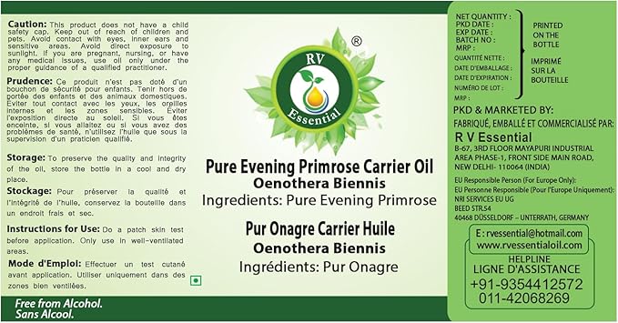 R V Essential Pure Evening Primrose Carrier Oil 300ml (10oz)- Oenothera Biennis (100% Pure and Natural Cold Pressed)