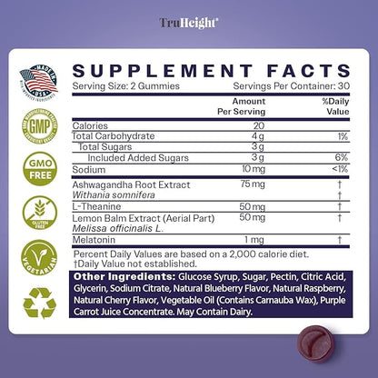 TruHeight Sleep Gummies - Kids & Teen Natural Sleep Aid for Tall & Growing Bodies - Pediatric Recommended Growth - Melatonin Gummy, Ashwagandha, L-Theanine, Lemon Balm - Mixed Berry, Taller Ages 4+