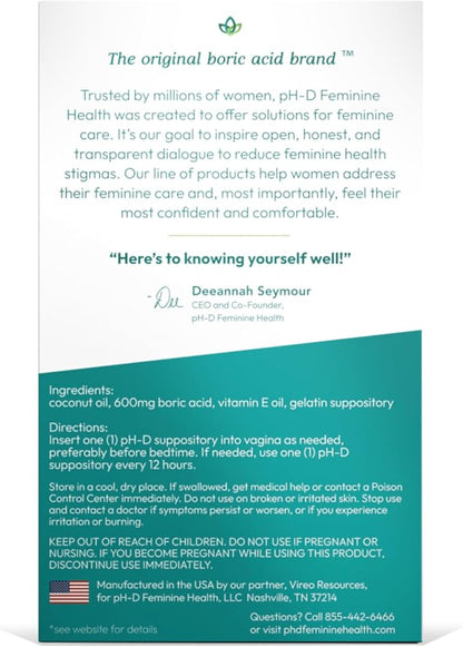 pH-D Feminine Health Support - Boric Acid Moisturizing Suppository - Woman Owned - for Vaginal Odor - Paraben-Free and Cruelty-Free - 14 Count