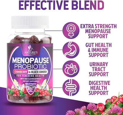 Menopause Supplement Gummies - 3 Billion CFU Per Serving Women's Probiotics - Advanced Menopause Relief Formula for Women with Black Cohosh - Mild Hot Flashes & Night Sweats Support - 60 Gummies
