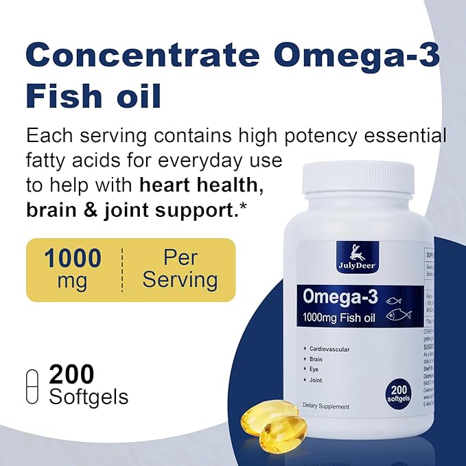 Fish Oil Omega 3 Concentrate Supplement 1000 mg, Rich in EPA and DHA, Supports Heart, Joint, Brain, and Eye Health, Promotes Overall Well-Being, Strengthens The Immune System, Non-GMO | 200 softgels
