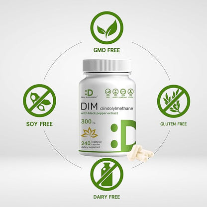 DIM Supplement 300mg, 240 Caps, 4 Months Supply | Estrogen Balance for Men & Women | Diindolylmethane Plus Black Pepper Extract for Enhanced Absorption
