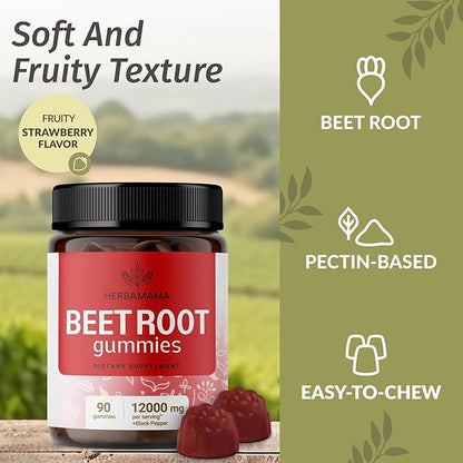 HERBAMAMA Beet Root Gummies - 12000mg Red Beets with Black Pepper Extract for Overall Support - Vegan, Non-GMO Antioxidant Supplement - 90 Pectin-Based Strawberry-Flavored Chews