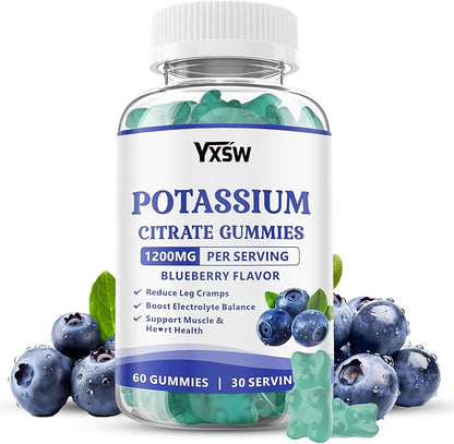 Potassium Citrate 1200mg Gummies for Adults Women & Men, Chewable Potassium Supplement for Muscle Health & Electrolyte Support, Sugar Free, Blueberry Flavor, 60 Count