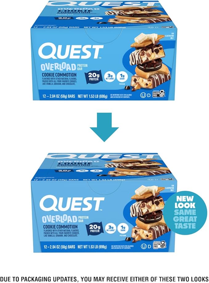 Quest Nutrition Overload Protein Bars, Cookie Commotion, 20g Protein, 1g Sugar, 3g Net Carbs, Gluten Free, 12 Count
