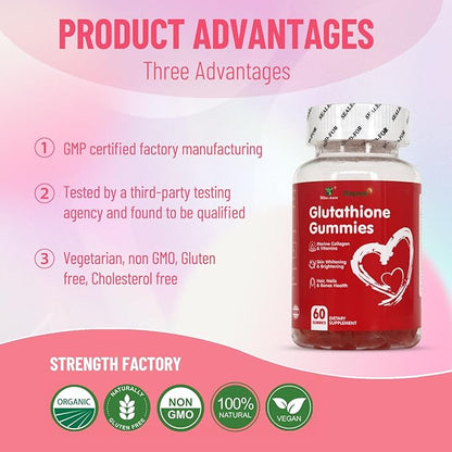Glutathione Gummies 1000mg, Rich in Marine Collagen & Vitamins, Skin Whitening & Brightening, 60 Count