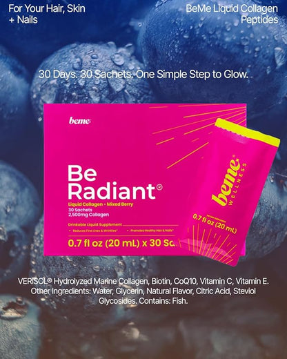 BeMe Liquid Collagen for Women - 2500mg Verisol Collagen Liquid with Biotin, CoQ10 & Vitamin C - Clinically Proven Collagen Peptides for Hair, Skin & Nails - 15 Mixed Berry Sachets