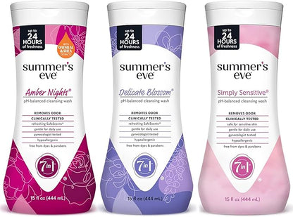 Bundle of Summer's Eve Delicate Blossom, Simply Sensitive, + Amber Nights Daily Refreshing All Over Feminine Body Wash, Removes Odor, Feminine Wash pH Balanced, 15 fl oz