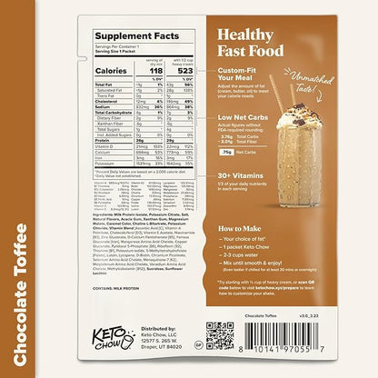 Keto Chow Chocolate Toffee - Keto Meal Replacement Shake Powder - Nutritionally Complete - Low Carb - Delicious Easy Meal Substitute - Protein Rich You Choose The Fat - Single Meal Sample